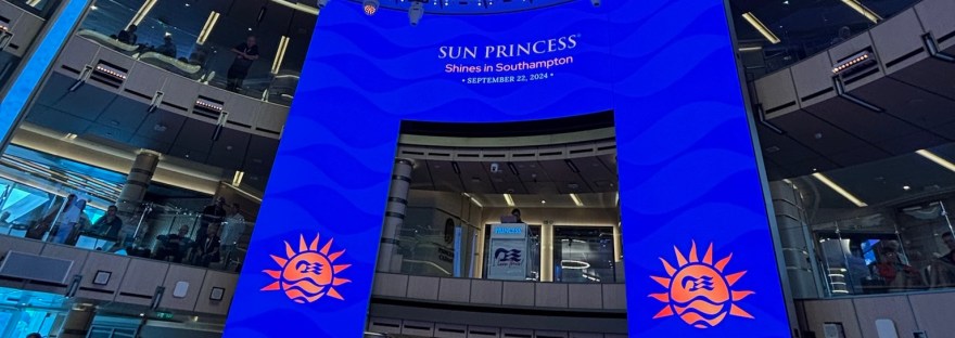 A blue LED screen showing event information for the Sun Princess Sines In Southampton Event in 2024