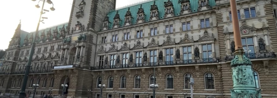 The main square in Hamburg with a side view of Rathaus