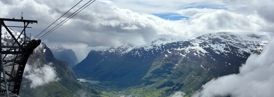 A view of snowy mountains from the top of the Loen Skylift